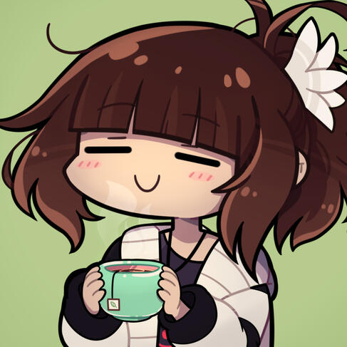 A drawing of a girl with brown messy hair, wearing a white and black sweater, and holding a cup of tea.